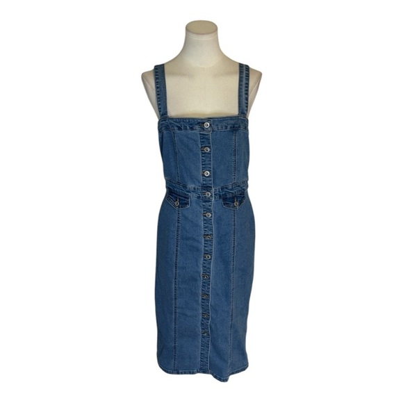 Denim Button Down Blue Jeans Midi Dress Vintage Vibes Stretchy Size M‎ Pockets - Picture 2 of 7
